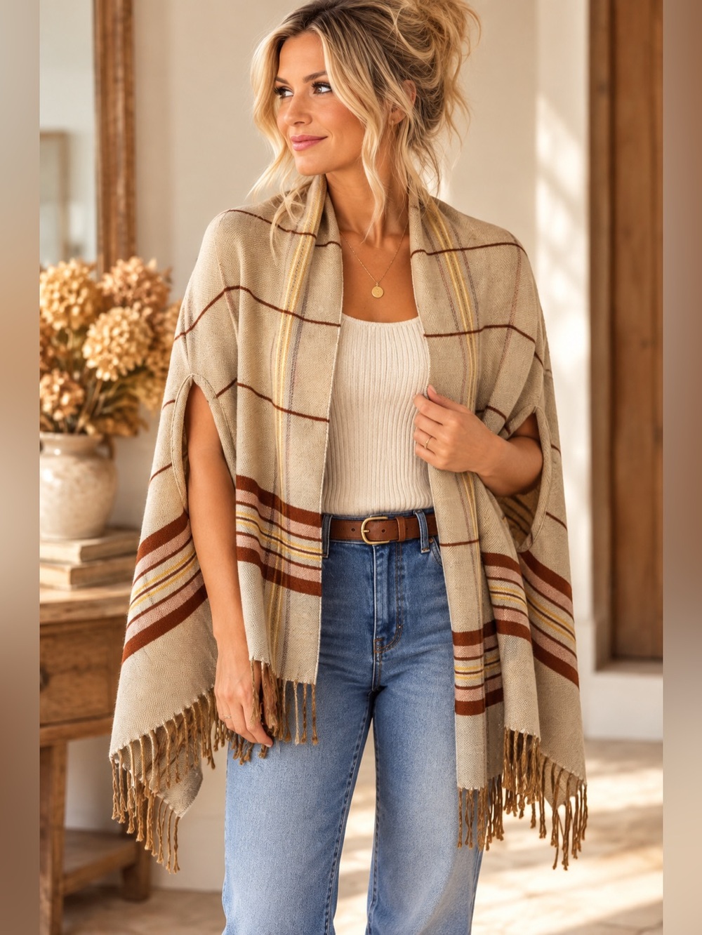 Women's Striped Brown Beige Scarf Wrap Armholes Fringe Boho Shawl